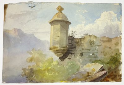 Belvédère en dôme sur un mur dans un paysage de montagne (recto) ; personnages traversant un pont devant la montagne (verso) - Unknown artist