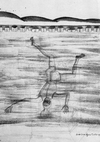 Dessin du 15ème siècle montrant un homme entrant dans l
