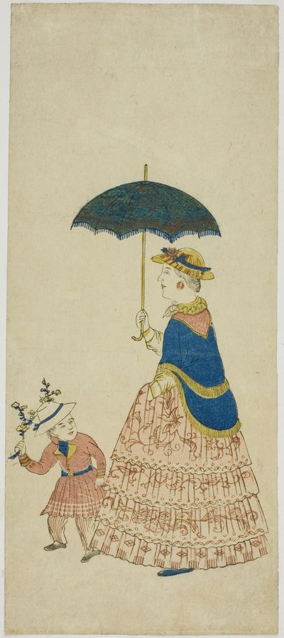 Dame hollandaise portant un parasol avec un petit garçon 阿蘭陀婦人と子供 (Orando fujin to kodo mo) - Unknown artist