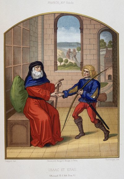 Ésaü avec ses armes de chasse et son père Isaac. Chromolithographie du 19ème siècle - Unknown artist