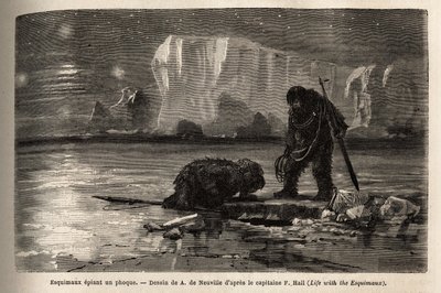 Chasseurs esquimaux espionnant un phoque à travers un trou creux dans la banquise, attendant à la tombée de la nuit pour le harponner. Gravure pour illustrer le voyage vers la mer libre du pôle Arctique, par le Docteur Hayes, chirurgien de la Marine des Ét - Unknown artist