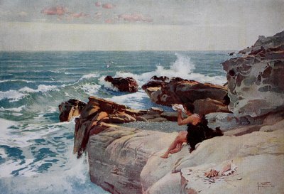 Soirée au bord de la mer, jeune homme avec une grande coquille assis sur le rivage - Unknown artist