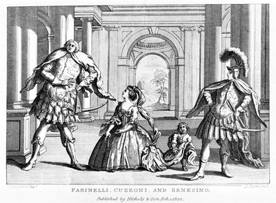 Farinelli (Carlo Broschi, dit; 1705 - 1782) avec la soprano Cuzzoni et le castrat Francesco Bernardo Senesino (1680 - 1750) dans l