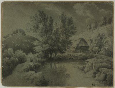 Ferme avec étang au premier plan, vaches paissant sur la colline - Unknown artist