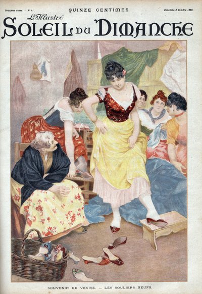Mode fin 19ème siècle : nouvelles chaussures de Venise. Femmes essayant des chaussures de la ville italienne. Gravure dans « Le soleil-du-dimanche », 8 octobre - Unknown artist