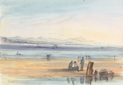 Figures sur une plage avec montagnes au loin - Unknown artist