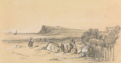 Figures sur une plage avec le château de Walmer au loin - Unknown artist