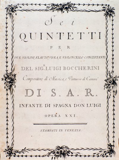 Première page de la partition musicale de « Sei quintetti per due violini flauto viola e violoncello » de Luigi Boccherini - Unknown artist