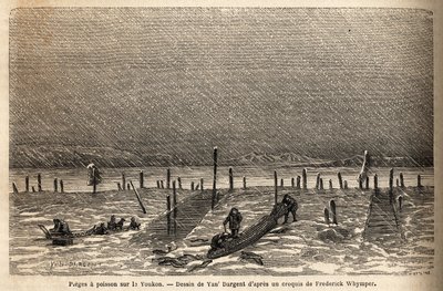 Pièges à poissons, placés sur les rives de la rivière Yukon (extrême nord du Canada). Gravure pour illustrer le voyage et les aventures en Colombie anglaise, sur l