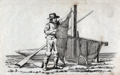 Pêcheur et filet de pêche. Belle gravure du XVIIIe siècle. Collection privée. - Unknown artist