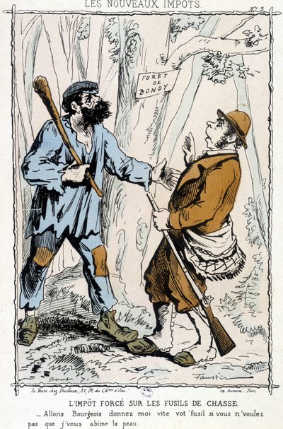 Taxe forcée sur les fusils : « Allons bourgeois, donne-moi vite ton fusil si tu ne veux pas que je te ruine la peau » - caricature sur les « nouvelles taxes » - Unknown artist
