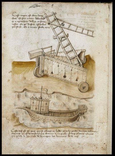 Approche de la forteresse et navire - Manuscrit : feuille de parchemin d