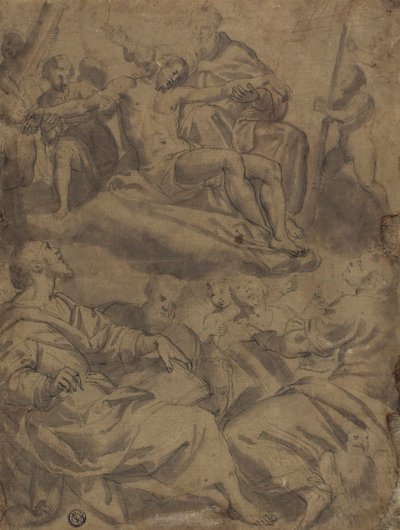 Les quatre évangélistes et la vision de Dieu tenant le Christ mort avec les instruments de la Passion - Unknown artist