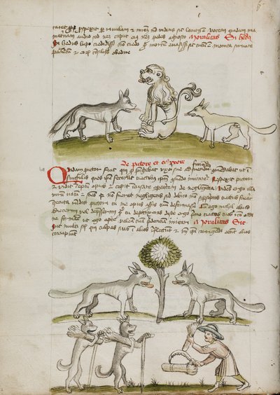 Renard et loup devant un lion ; deux loups sous un arbre traînant des balles de blé ; un fermier regroupant des gerbes de blé - Unknown artist