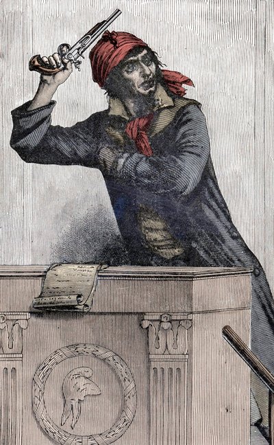 Révolution française : Portrait de Jean Paul Marat (1743-1793), député montagnard à la Convention, brandissant un pistolet à la tribune - Unknown artist