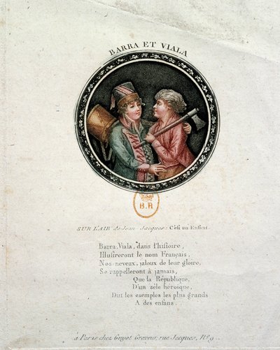 Représentation de Barra et Viala. Joseph Agricol Viala (1780-1793) et Joseph Bara (1780-1793), enfants héros de la Révolution française qui ont combattu respectivement à Marseille et en Vendée pour la République. Gravure du XVIIIe siècle - Unknown artist