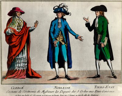 Révolution française : représentation des députés des trois ordres aux États généraux en costume cérémonial : le clergé, la noblesse et le tiers état. Estampe de la fin du XVIIIe siècle. Collection privée - Unknown artist