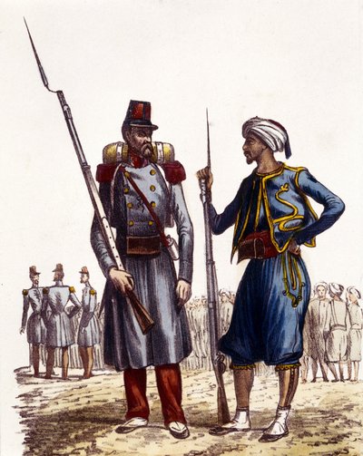 Uniforme militaire français : À gauche, une légion étrangère formée et envoyée en Algérie en 1831. À droite, des cavaliers indigènes, formés et envoyés en Algérie en 1841. Dans L