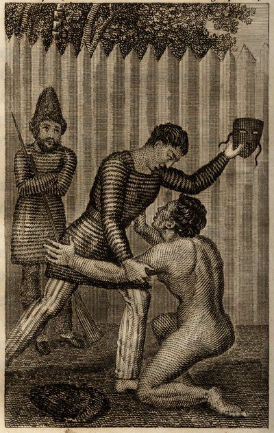 Vendredi est jeté dans les bras de Robinson Crusoé, gravure insérée dans « Les aventures de Robinson Crusoé » de Daniel Defoe - Unknown artist