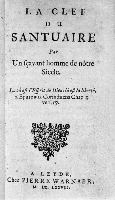 Frontispice de "La clé du sanctuaire" par Baruch Spinoza (1632-1677), philosophe néerlandais également connu sous le nom de Bento de Espinosa ou Benedictus de Spinoza ou Benoît de Spinoza. 1678 - Unknown artist