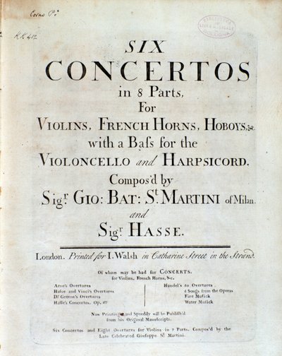 Frontispice de la partition musicale Six concertos en 8 parties par G B Sammartini et J A Hasse - Unknown artist