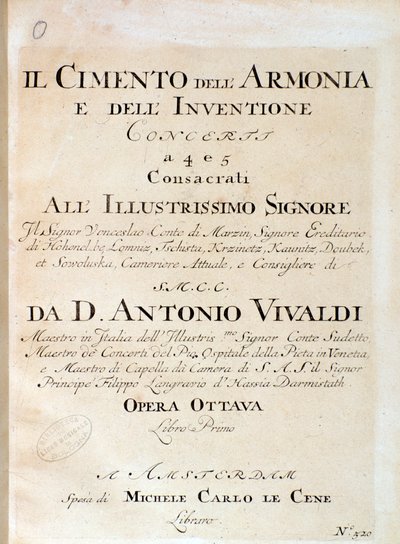 Frontispice de la partition musicale de violon en concerto V dans Il cimento dell
