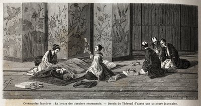 Cérémonies funéraires : le moine des derniers sacrements. Gravure pour illustrer le voyage au Japon en 1863-1864, par Aimé Humbert, ministre de la Confédération suisse, dans « Le tour du monde, nouveau journal des voyages », publié sous la direction d
