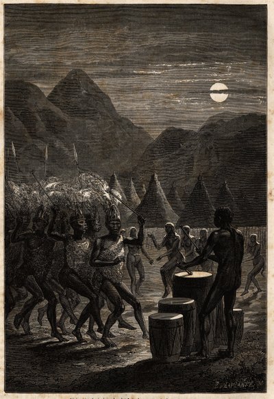 Cérémonie funéraire chez les Lakutas (tribu de la région du Haut-Nil), tambours et danses rituelles au clair de lune. Illustration du voyage au lac Albert, 1861-1864, de Sir Samuel White Baker, dans « Le tour du monde, nouveau journal des voyages » - Unknown artist