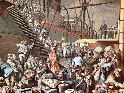 Émigrants allemands pour New York embarquant sur un vapeur de Hambourg en 1874, gravure - (Deutsche Emigranten) - Unknown artist