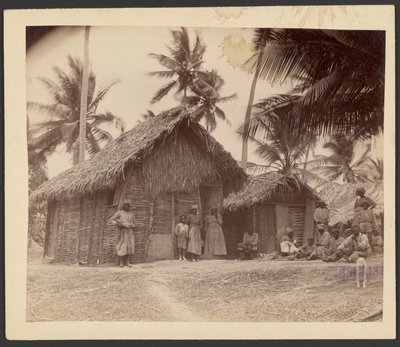 [Groupe devant des cabanes au toit de chaume] - Unknown artist