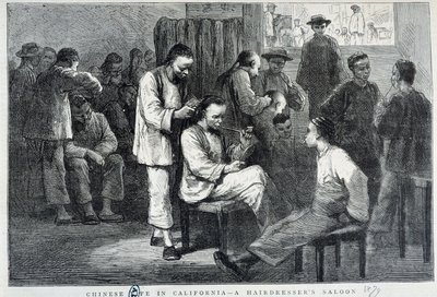 Salon de coiffure dans la communauté chinoise de Californie - gravure - Unknown artist