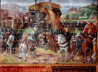 Chevaliers hébreux dirigés par David marchant sur les Philistins Miniature du manuscrit Ms. Plut. 15/17, f. 3 « Incipit Liber Hymnorum » XVe siècle Florence, Biblioteca Laurenziana - Unknown artist