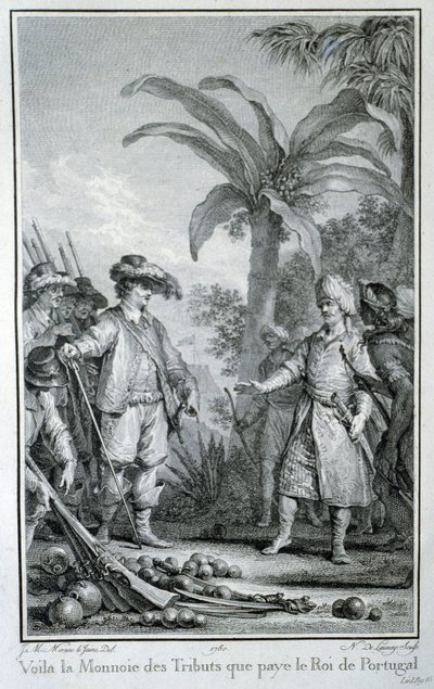 Voici la monnaie des tributs que le Roi du Portugal paie : commerce des portugais dans les colonies - dans « Histoire philosophique et politique des établissements et du commerce des européens dans les deux Indes », par Guillaume Thomas Raynal, éd. Pelle - Unknown artist
