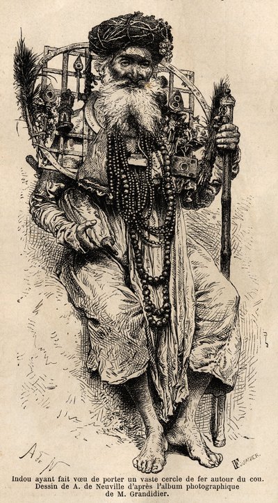Hindou voué à porter un grand cercle de fer autour de son cou. Gravure pour illustrer le voyage dans les provinces méridionales de l