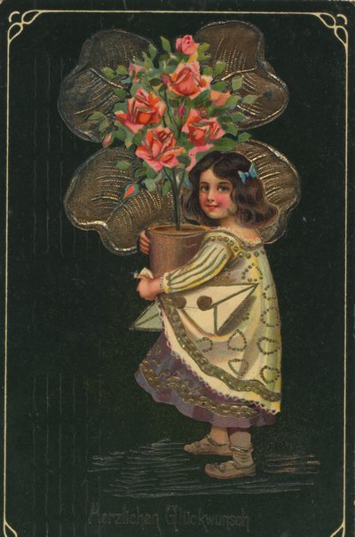 Carte de vœux historique avec un enfant et une grande plante en pot, rose - Unknown artist