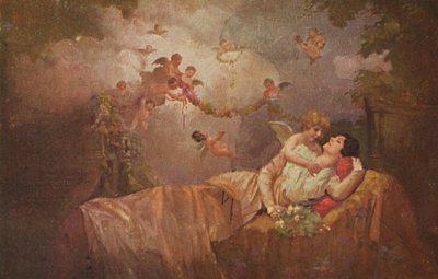 Carte de vœux historique avec des anges pour porter chance à une femme, kitsch-romantique - Unknown artist