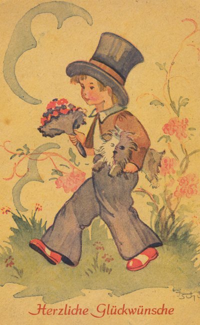 Carte postale historique avec un garçon avec un bouquet de fleurs et un petit chien, carte de vœux - Unknown artist