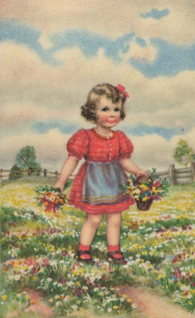 Carte postale historique avec une fille heureuse dans le pré, carte de vœux - Unknown artist