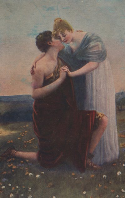 Carte de vœux historique avec motif historique, femme et guerrier du Moyen Âge - Unknown artist
