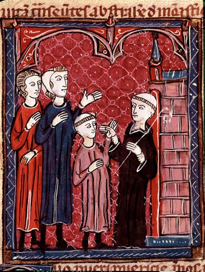 Histoire du droit canon : « Deux parents amenant leur fils à un monastère » Miniature tirée du « Décret de Gratien » (Concordia discordantium canonum ou Decretum Gratiani) datant de 1140 et régulant les lois et canons de l