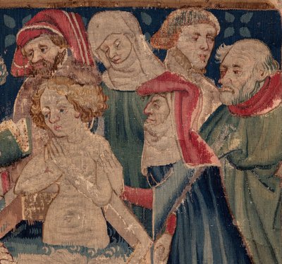 Histoire de Saint Piat et Saint Eleuthère, Scène 13: baptême de Blanda (Comment li bons sains baptisa la fille tribun que leva de fons par tres grande mistere: Blande qui au bon saint fu mère). (détail). - Unknown artist