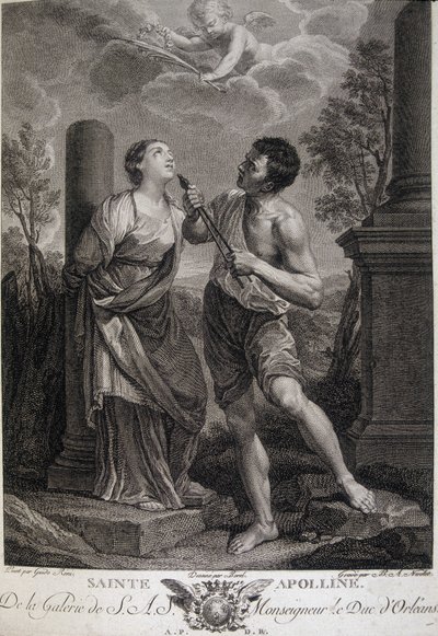 Sainte Apolline lors des persécutions se fait briser les dents car elle refuse de rendre hommage aux dieux romains. Gravure du XVIIe siècle - Unknown artist