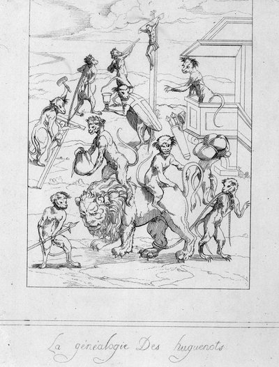 Généalogie huguenote : caricature des protestants en singes - gravure - Unknown artist