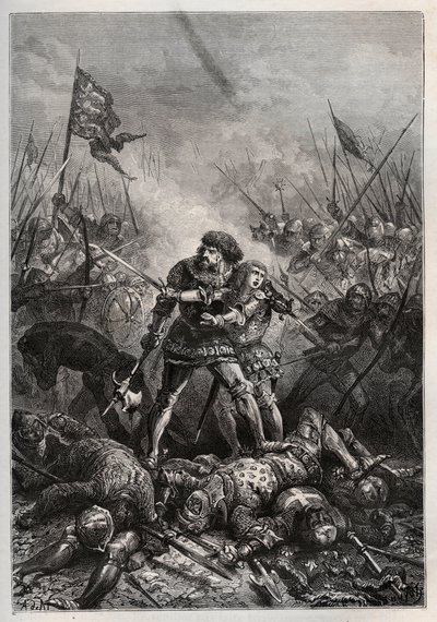 Guerre de Cent Ans : Jean II le Bon, roi de France, et son fils Philippe II de Bourgogne (1342-1404), dit «Philippe le Hardi», combattant les Anglais à la bataille de Poitiers le 19/09/1356 - Unknown artist