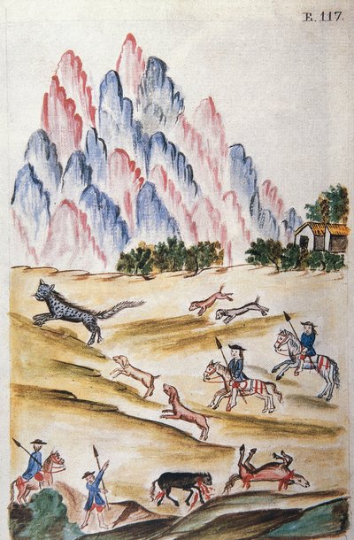 Chasse au chat sauvage dans les montagnes, du livre "Trujillo del Perú" ou "Codex Martínez Compañón", par Baltazar Martínez Compañón y Bujanda, évêque de Trujillo (1782-1785) - Unknown artist