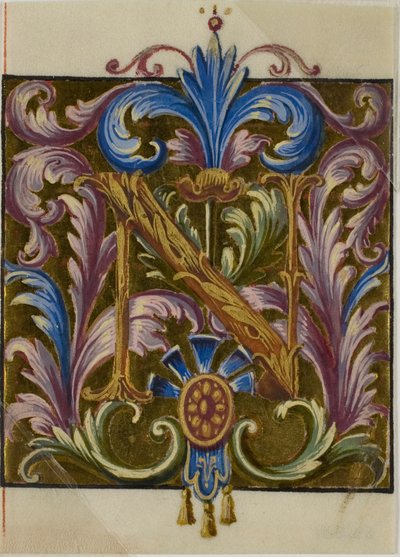 Initiale "N" enluminée avec feuilles d