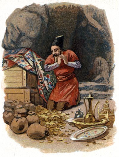 Illustration pour les Contes des Mille et Une Nuits. Ali Baba entre dans la grotte en disant, Sésame ouvre-toi et voit des barils d