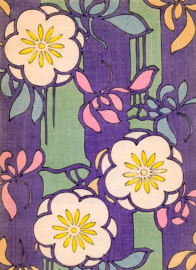Illustration de fleurs sur un fond lavande et vert - Unknown artist