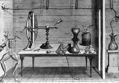 Illustration des expériences de Luigi Galvani, physicien et médecin italien (1737 - 1798) expliquant le passage du courant électrique faisant bouger les pattes d