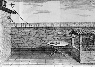 Illustration des expériences de Luigi Galvani, physicien et médecin italien (1737 - 1798) expliquant le passage du courant électrique faisant bouger les pattes d